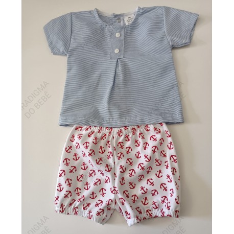 Conjunto menino camisa e calção com o tema âncora 100% algodão