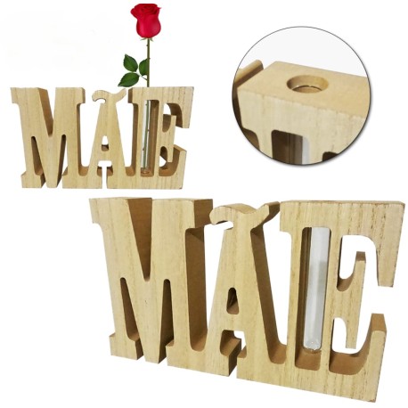 Palavra Mãe - MDF Com Vaso De Vidro Para Flor