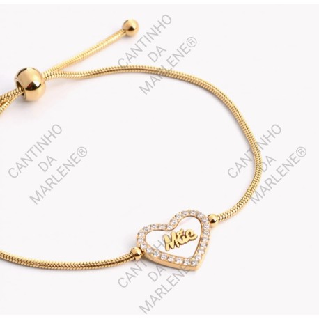 Pulseira Ajustável em aço inoxidável com coração zircónias e palavra Mãe